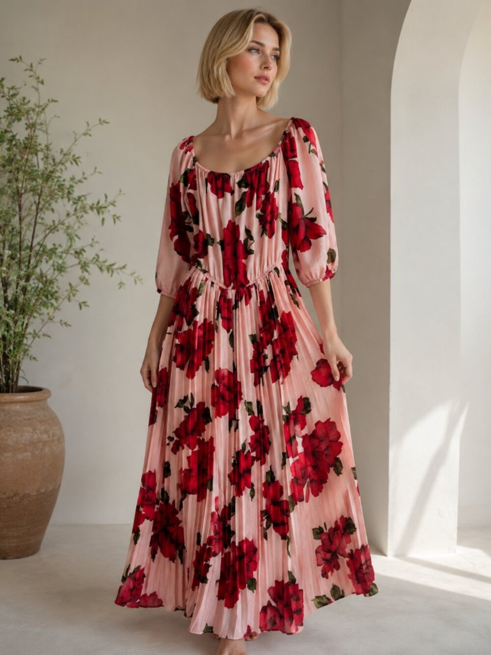 Pink Floral Pleated Midi Dress | Off Shoulder Boho Dress Romantic Spring Summer